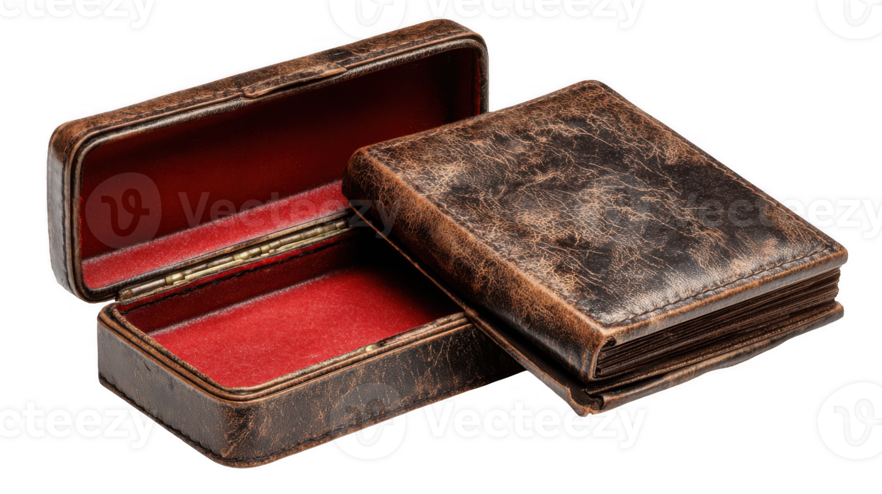 Old leather poker card case opened on transparent background png