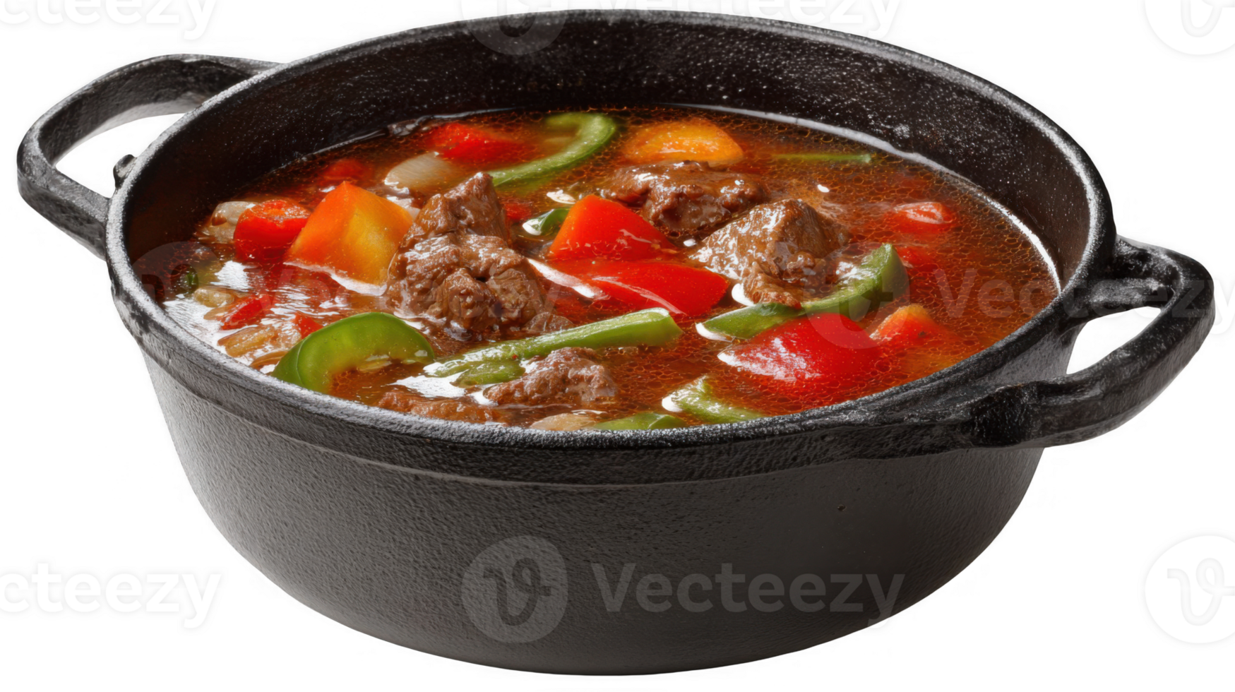 Hearty beef stew simmering in cast iron pot with transparent background png