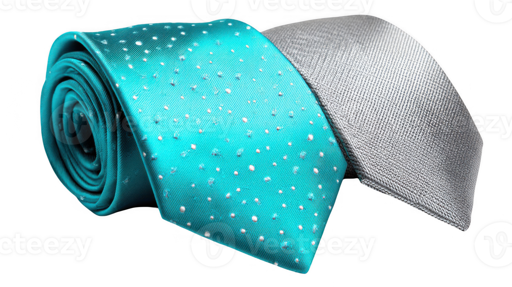 Rolled turquoise tie with white dots near silver tie on transparent background png