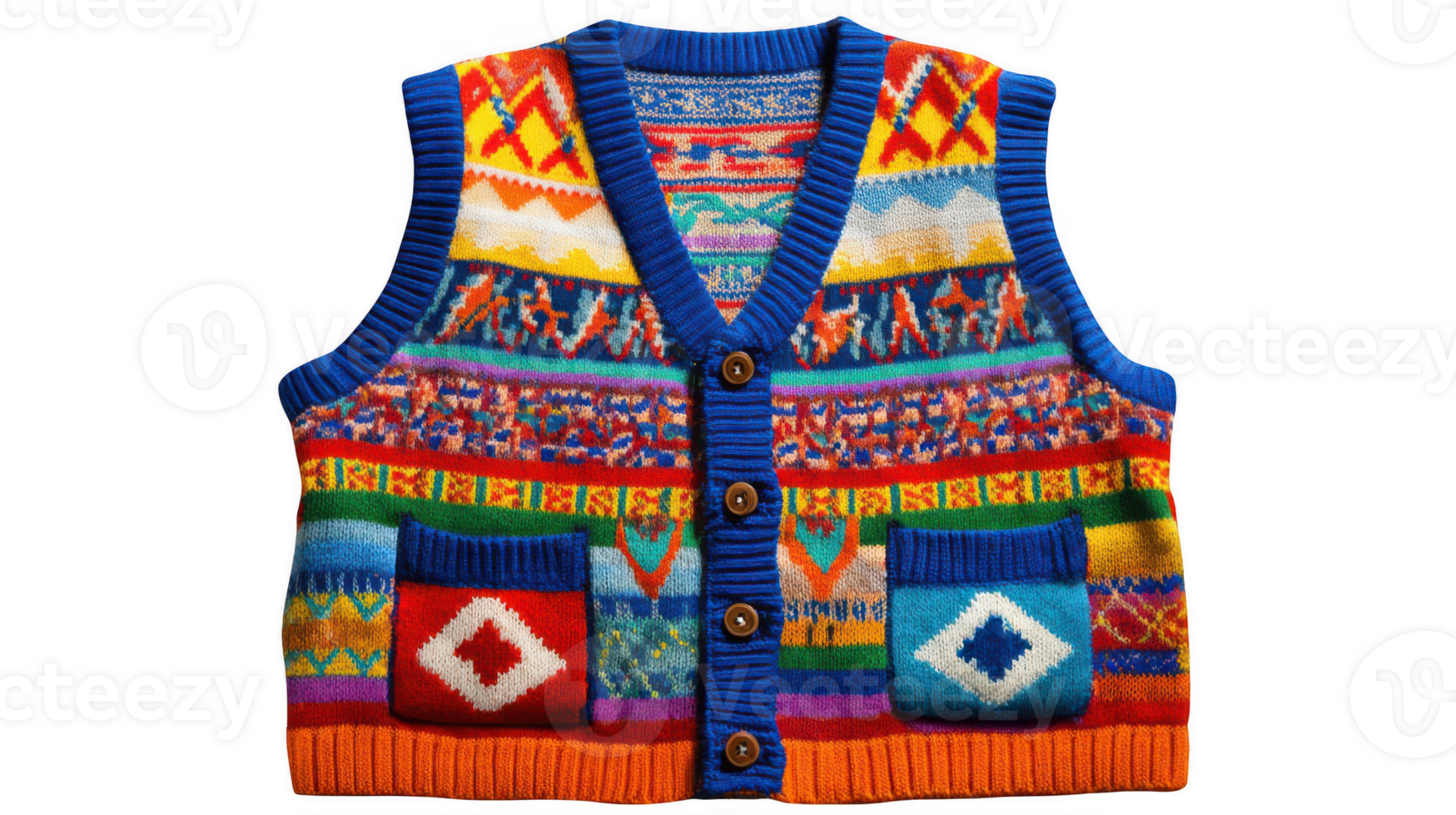 Brightly colored knitted vest with playful patterns on transparent background png