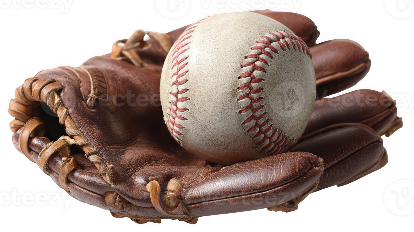 Baseball gently resting in a worn leather glove on transparent background png