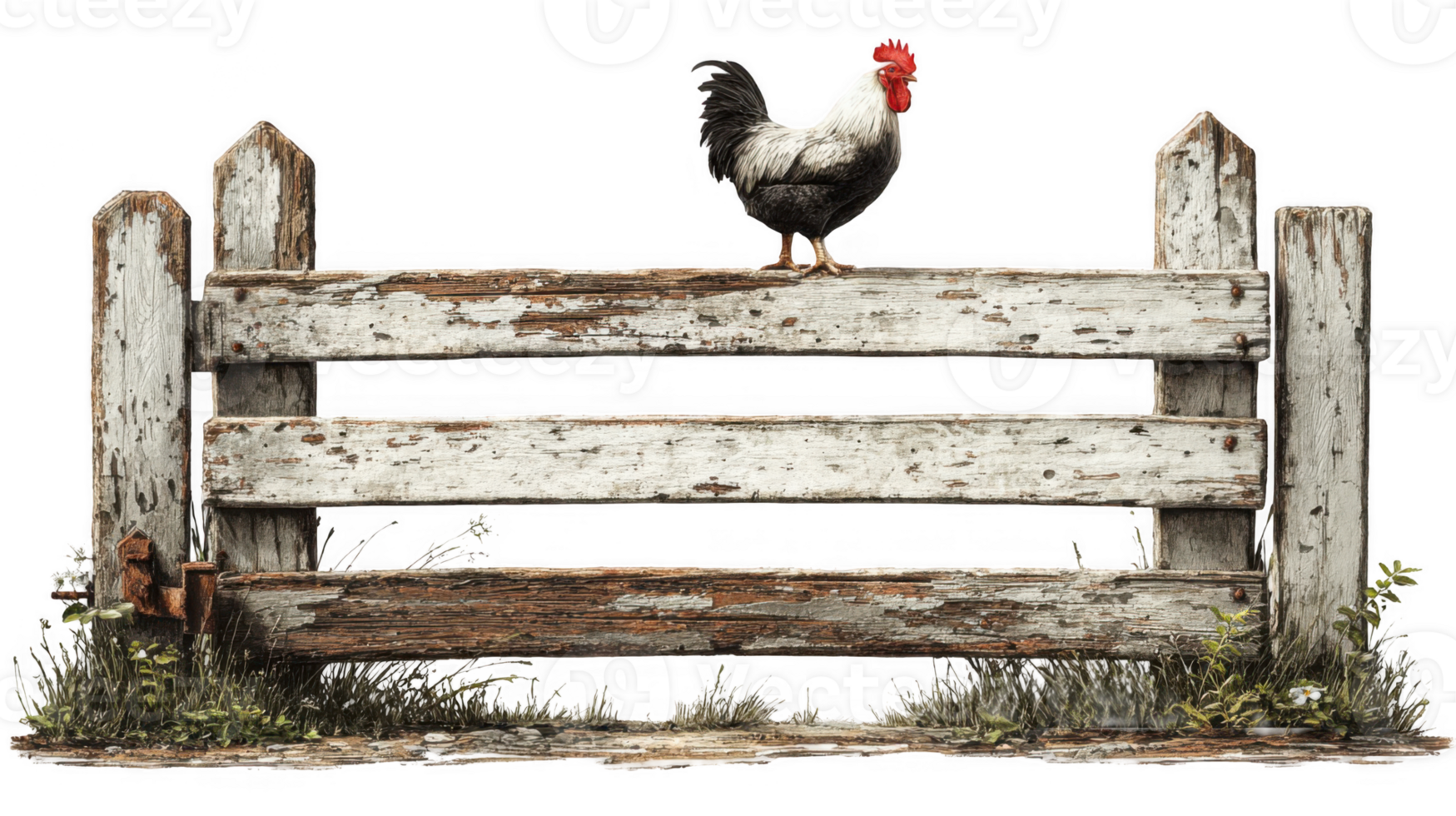 Rooster standing on weathered wooden fence with transparent background png