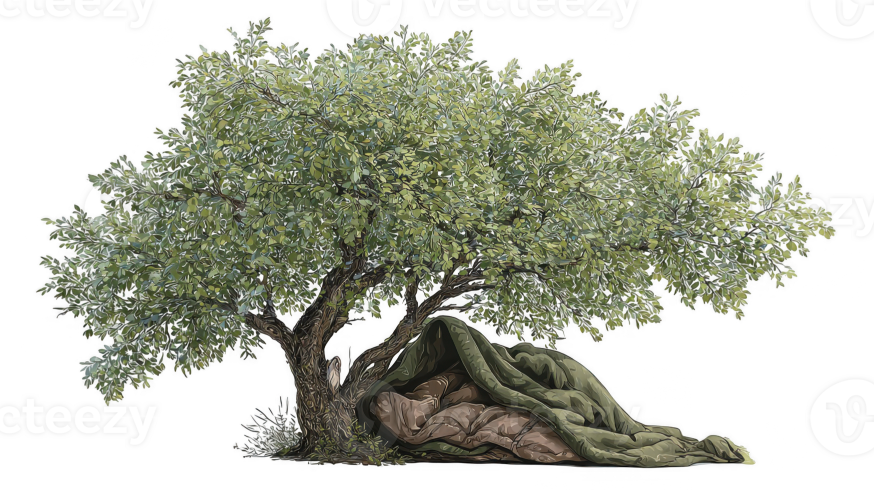 Cozy blanket nestled under branches of a tree with transparent background png
