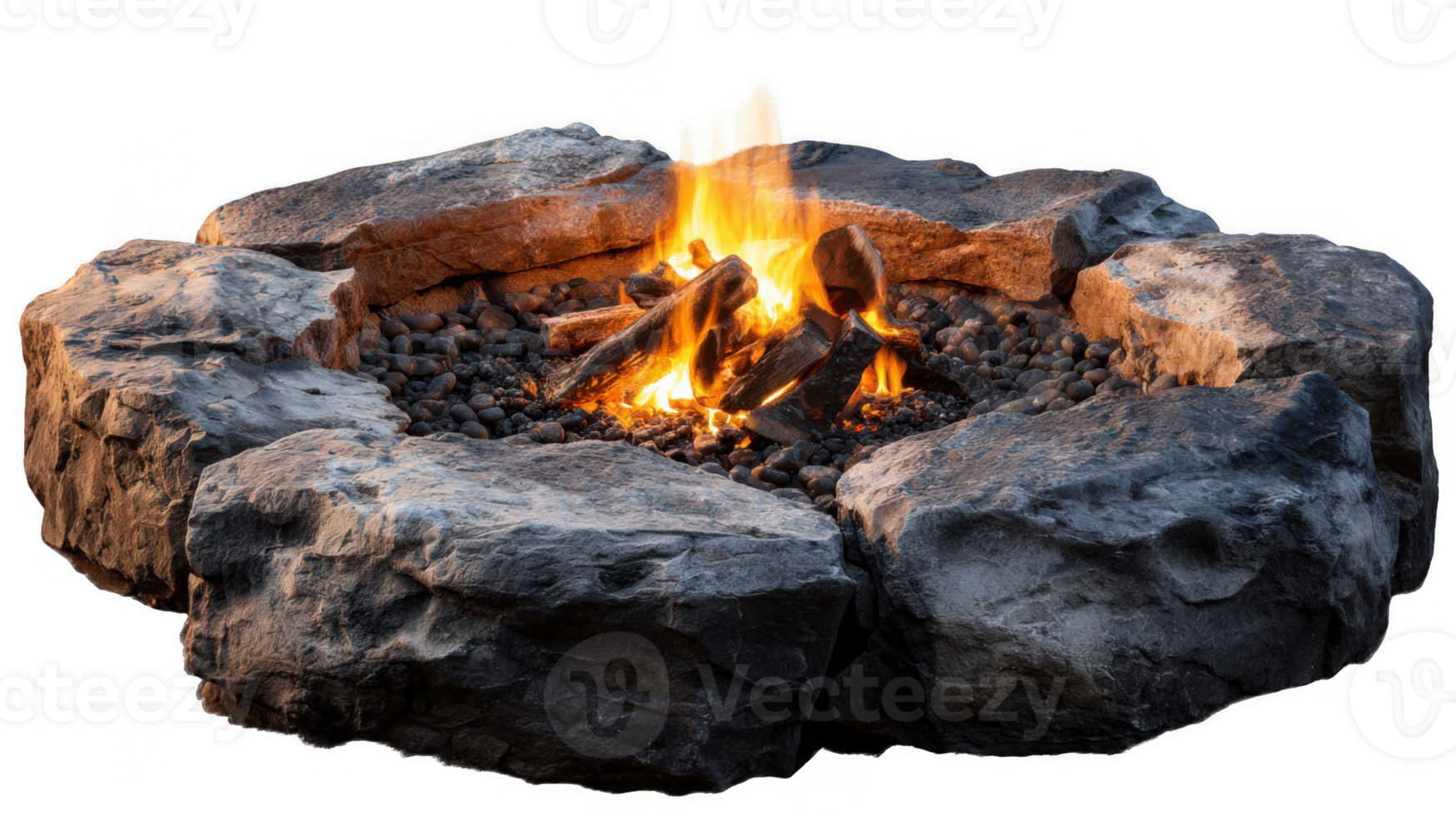Burning firewood in a stone fire pit with transparent background png