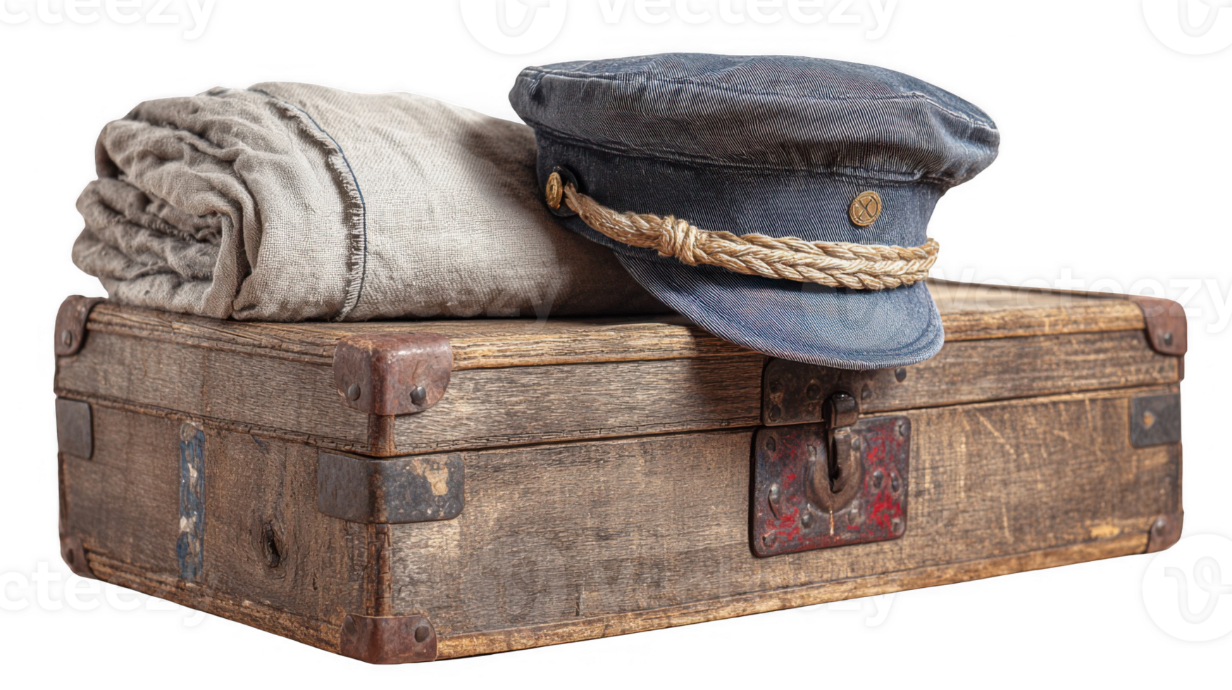 Folded maritime cap and folded cloth resting on old wooden storage box with transparent background png