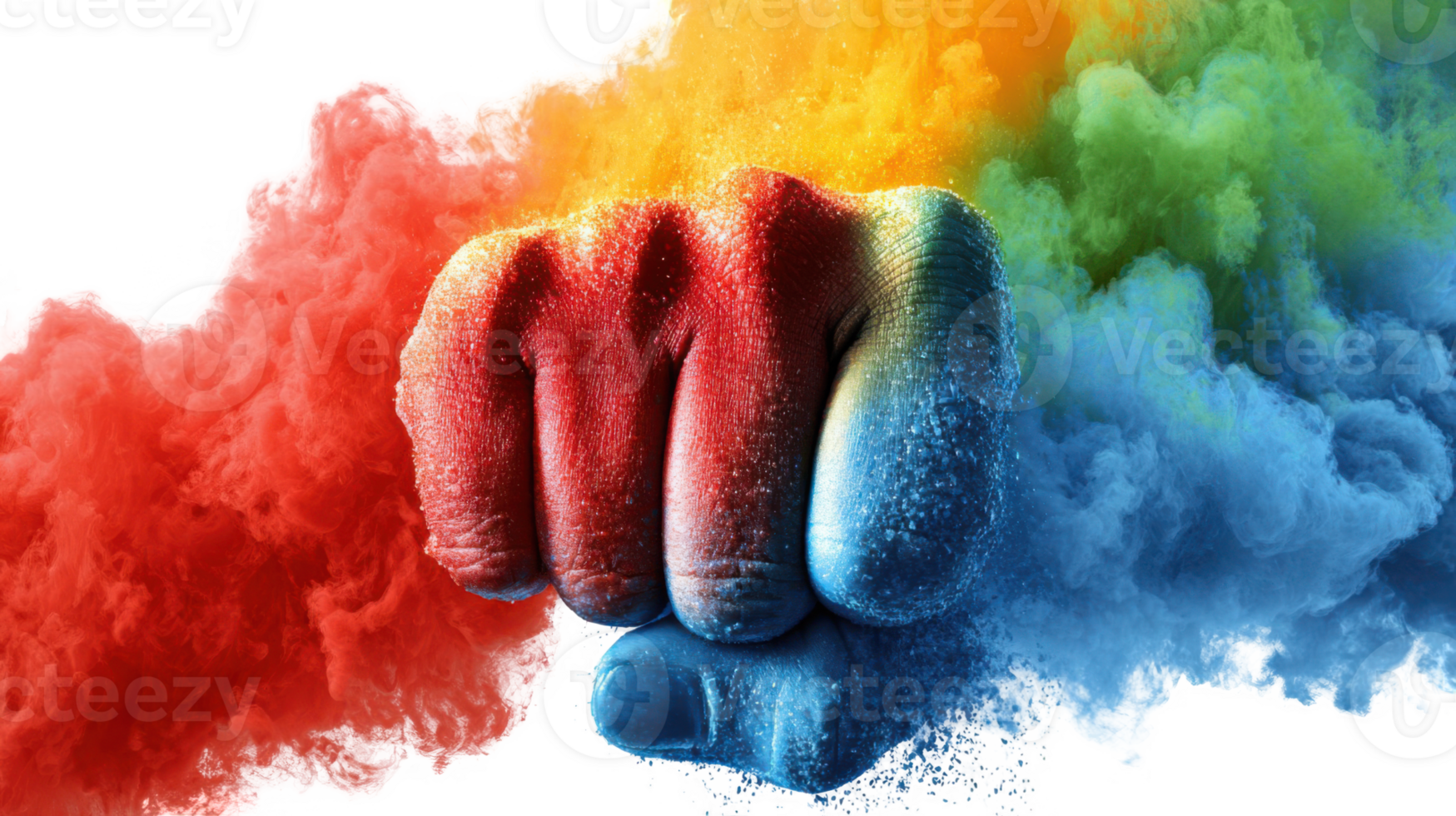 Fist breaking through colorful vapor on transparent background png