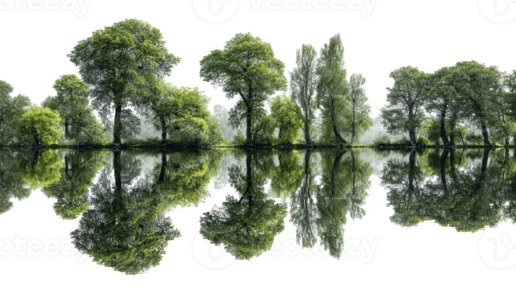 Lush green trees reflecting in a glassy lake with transparent background png