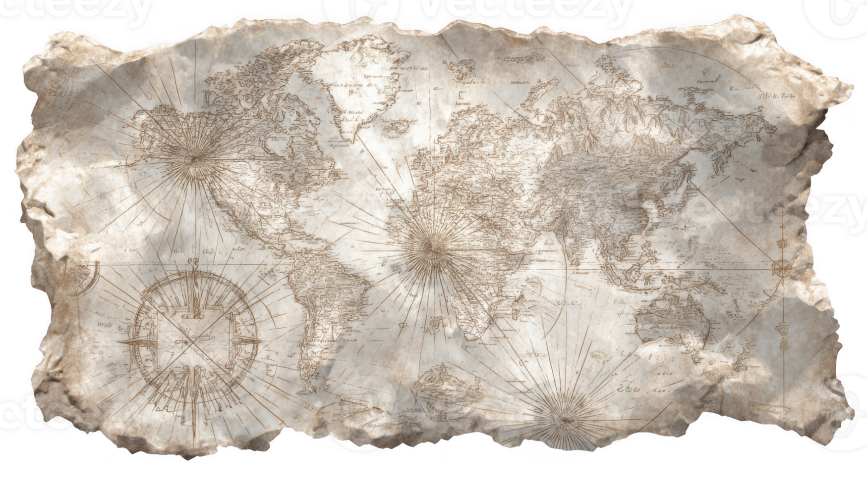Weathered ancient world map showing navigation routes on transparent background png