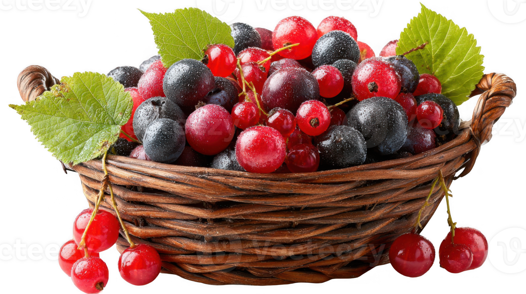 Wicker basket overflowing with fresh, colorful mixed berries on transparent background png