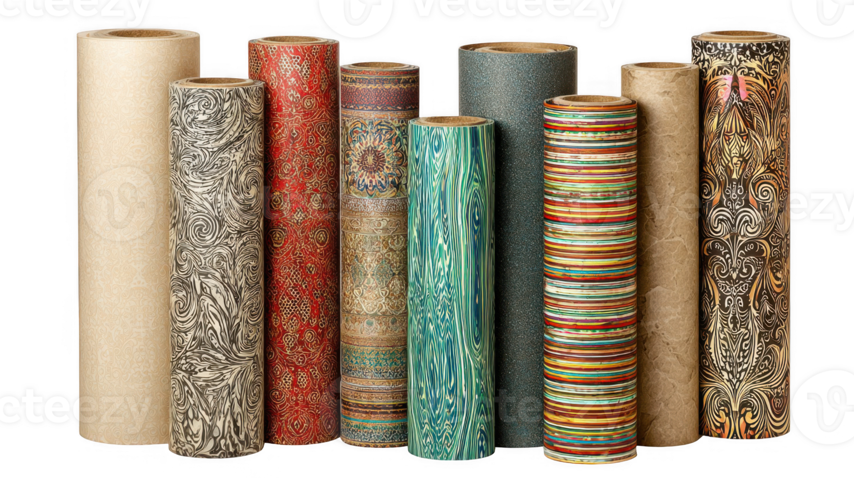Rolls of wallpaper showing various colors and patterns on transparent background png