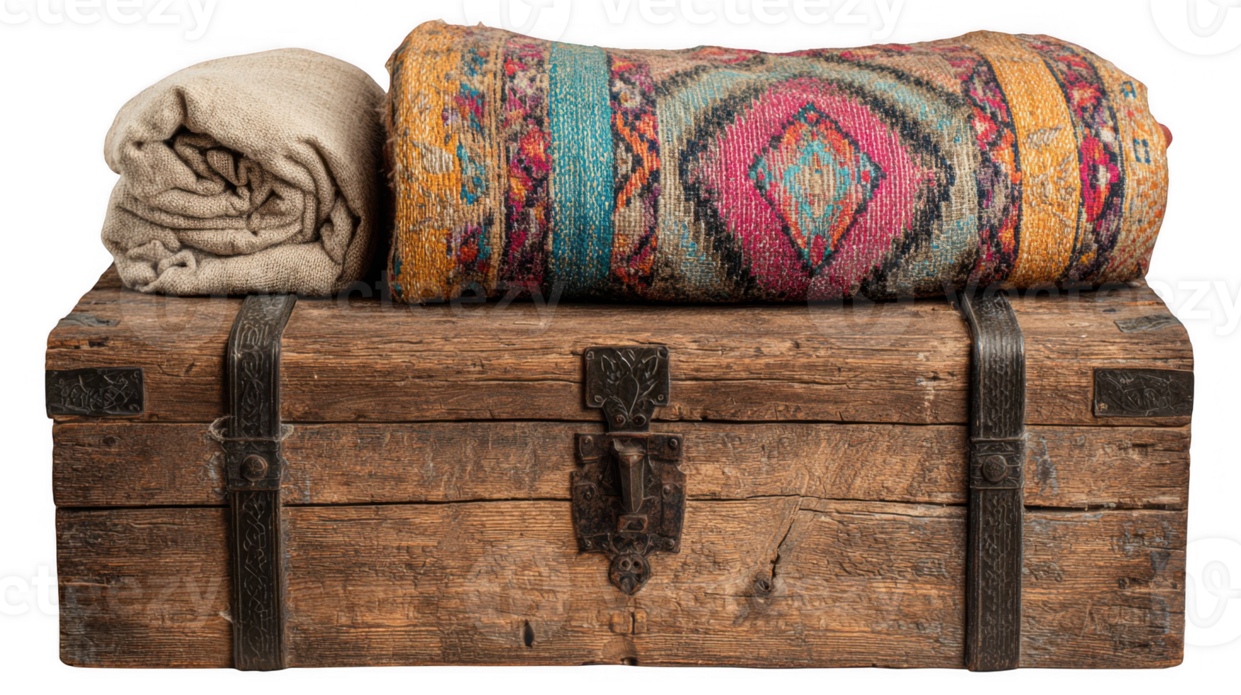 Retro cushions and blanket resting on rustic wooden chest with transparent background png