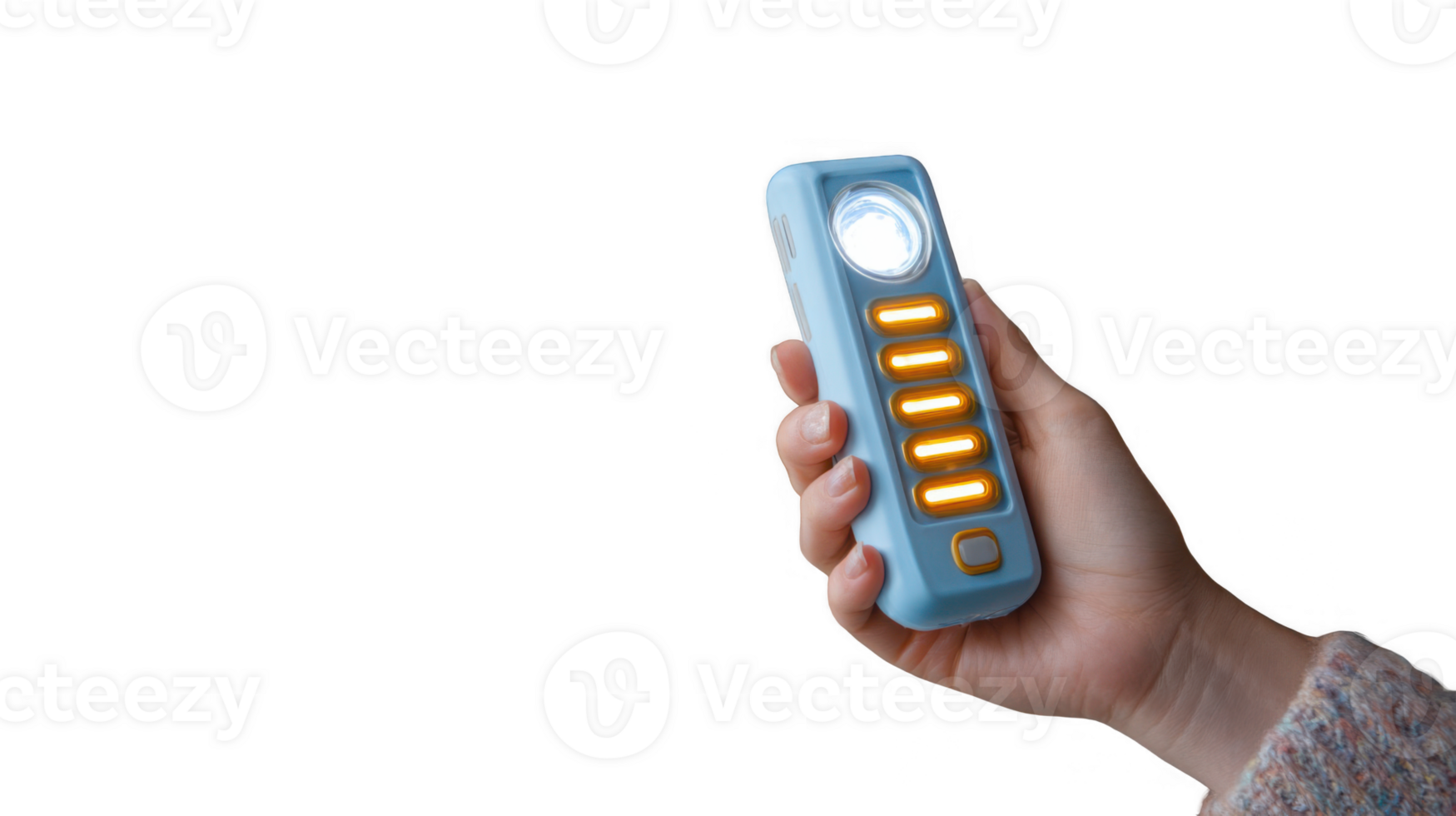 Hand holding a blue led flashlight with transparent background png