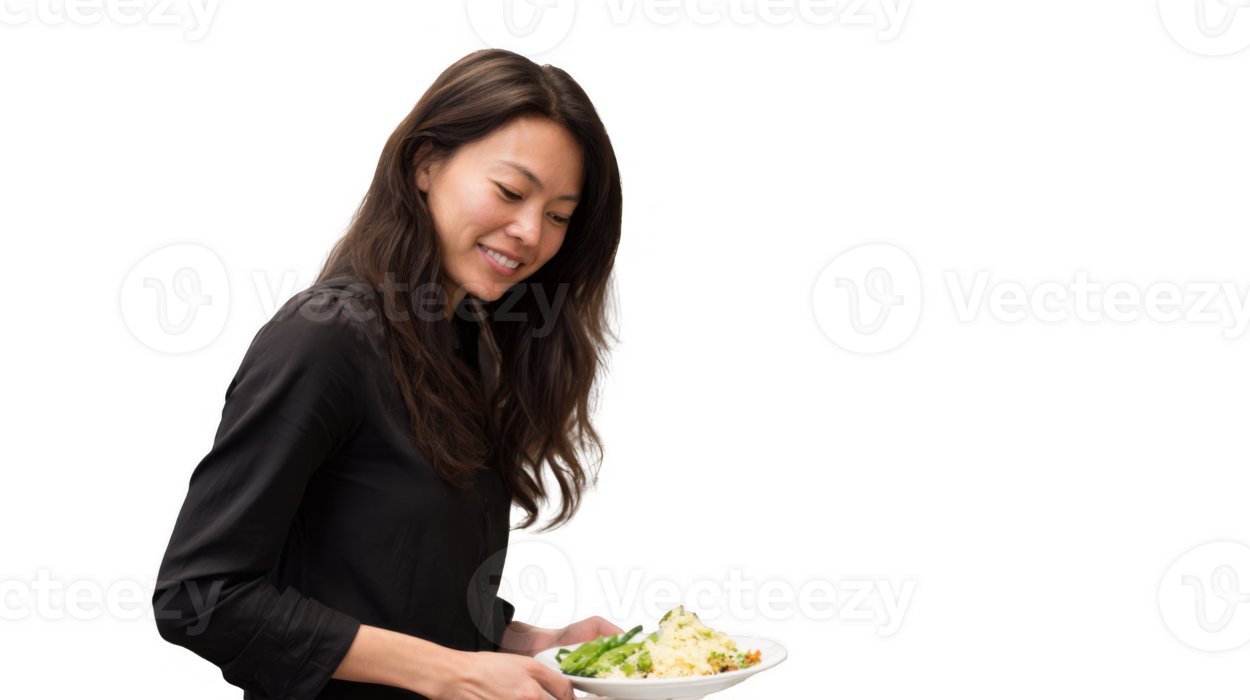 Smiling office worker holding plate with healthy meal on transparent background png