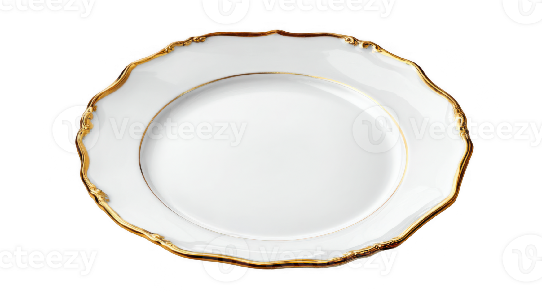Empty white vintage plate with golden rim on transparent background png