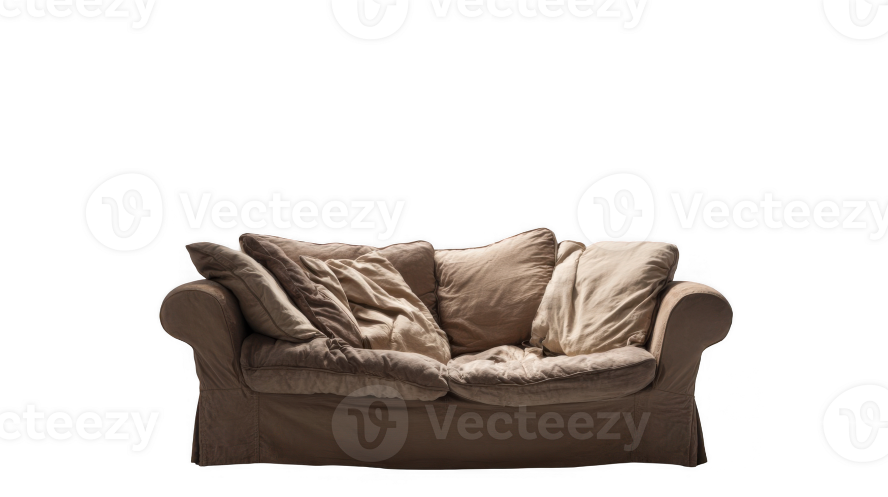 Comfortable brown sofa with scatter cushions isolated on transparent background png