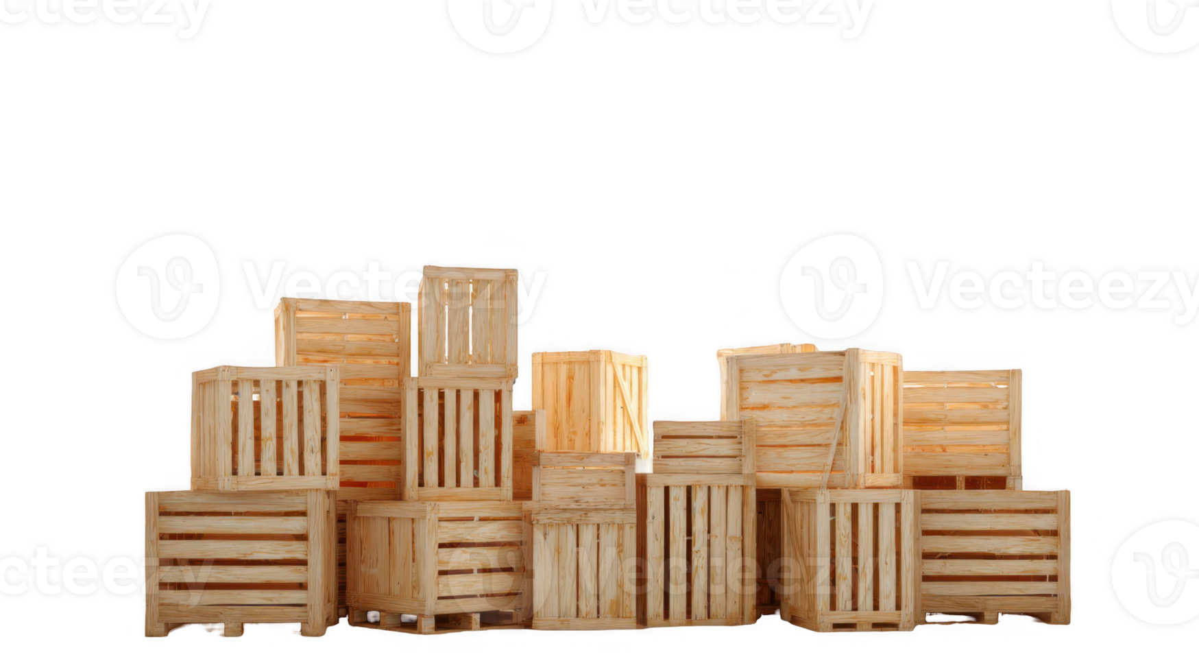 Wooden crates piled high on transparent background representing shipping and storage png