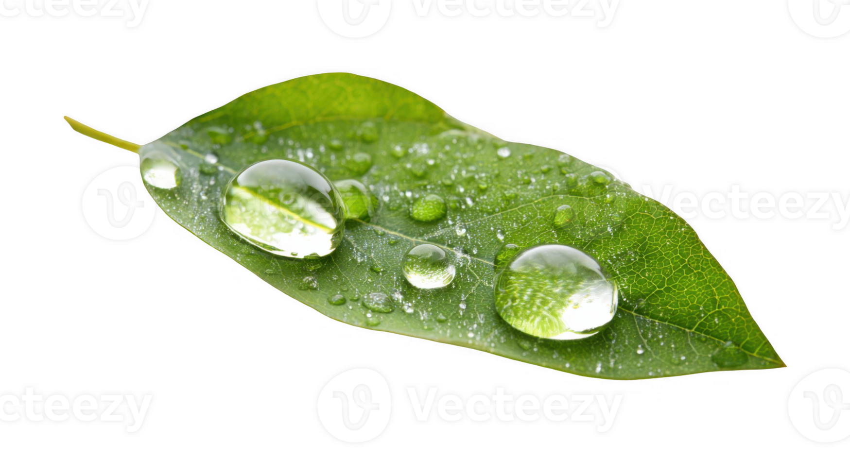 Transparent water droplets resting on green leaf png