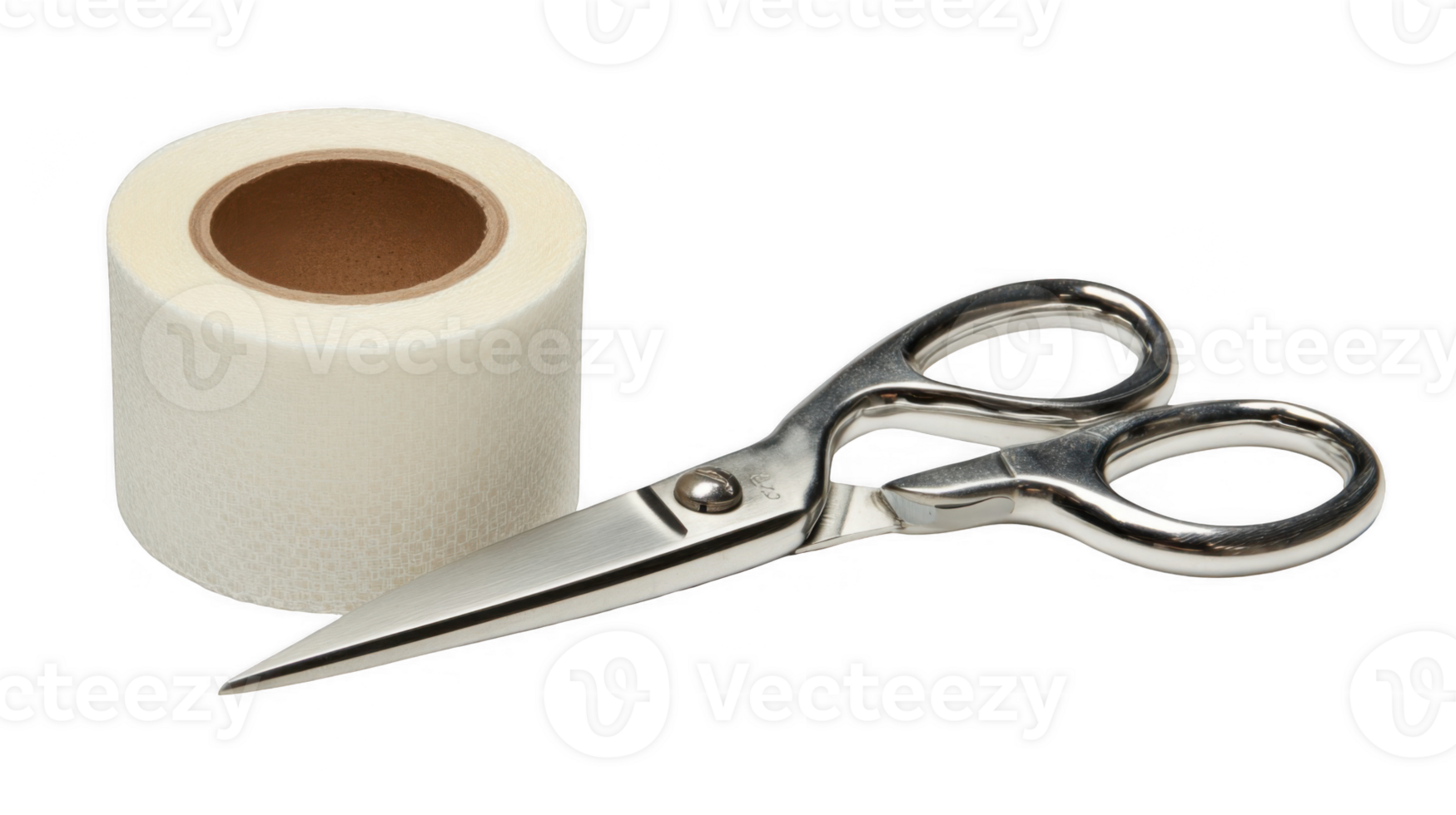 Scissors cutting through a roll of medical tape on transparent background png
