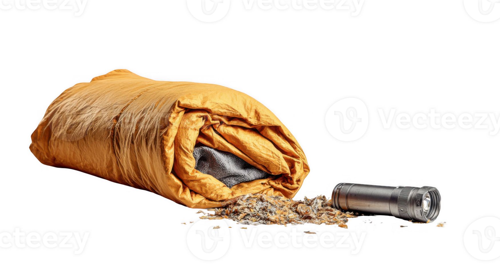 Shredded sleeping bag and broken flashlight on transparent background png