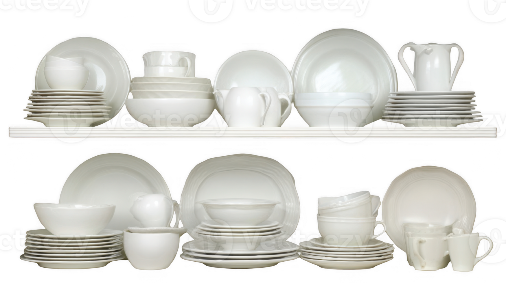 White dish set arranged neatly on shelves with transparent background png