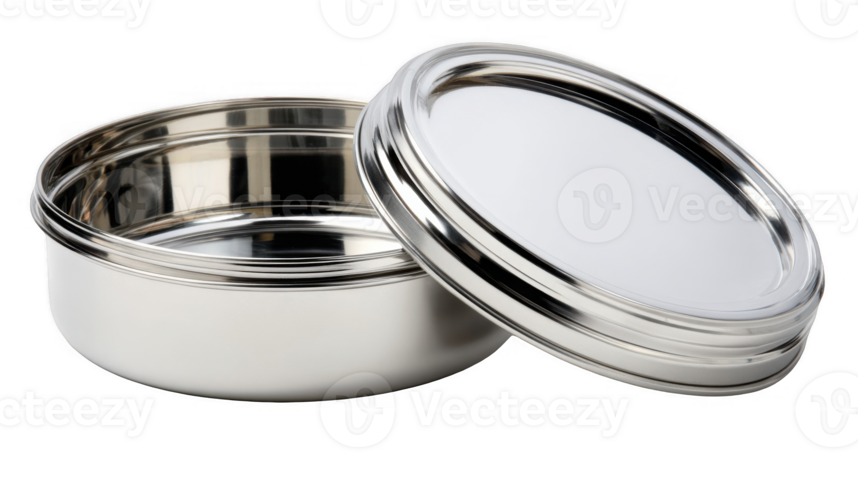 Round stainless steel tiffin box with lid open on transparent background png