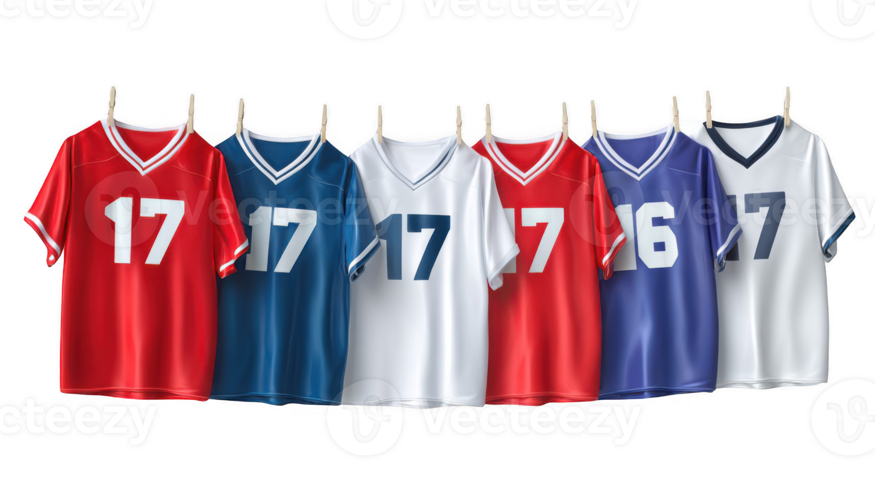 Row of colorful team jerseys hanging on clothespins with transparent background png
