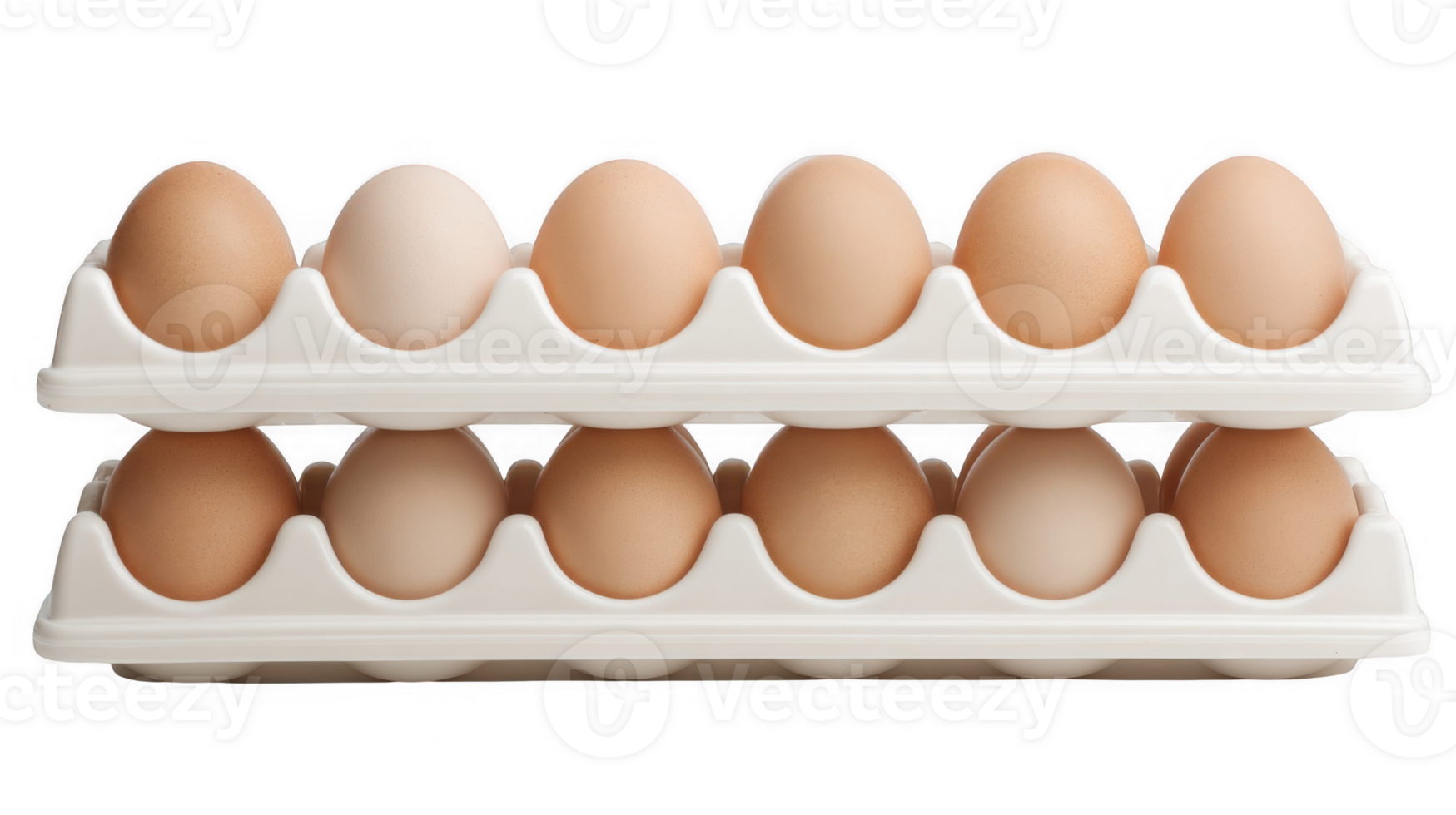 Two egg cartons stacked containing brown eggs on transparent background png