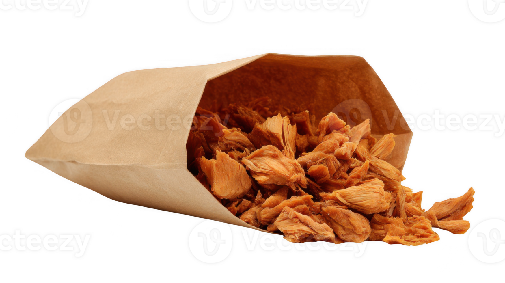 Dried chicken pieces spilling from small paper bag on transparent background png