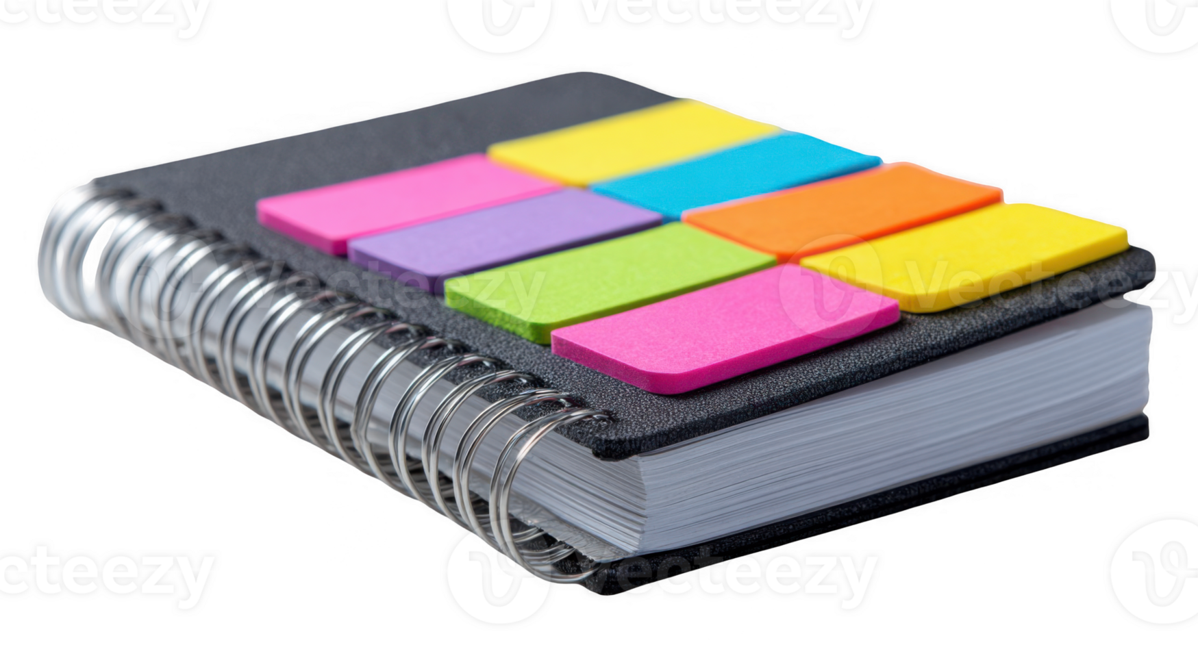 Notebook with colorful sticky notes on transparent background png