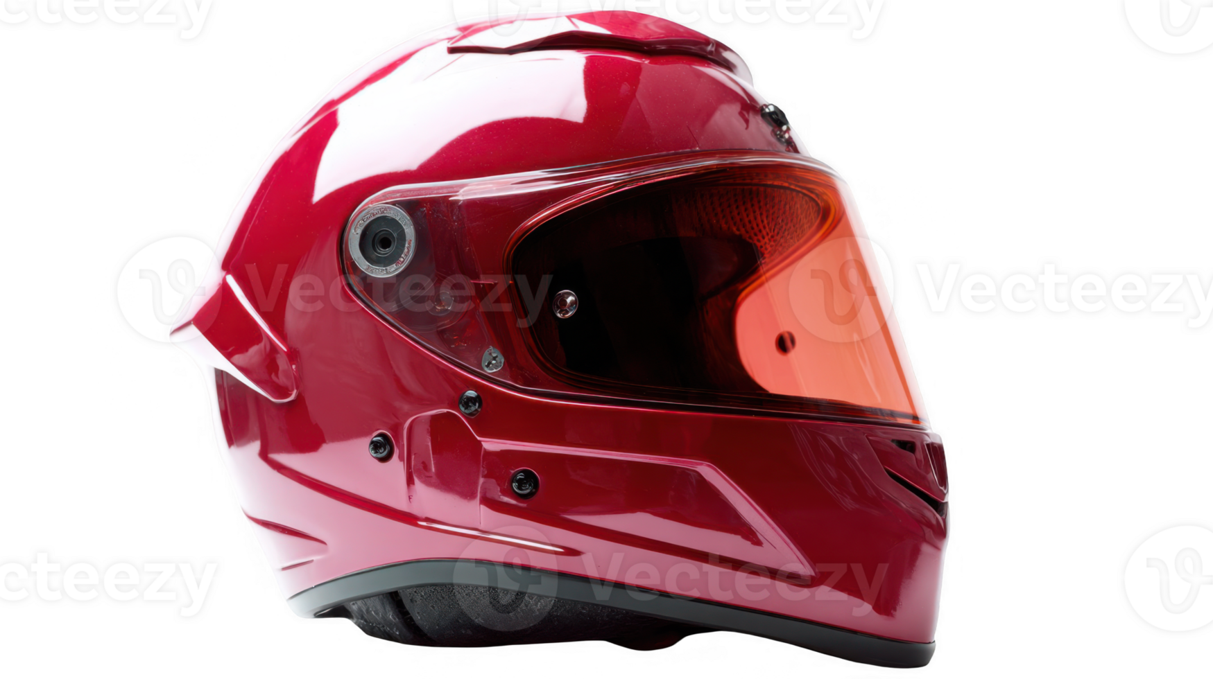Glossy red motorcycle helmet with orange visor on transparent background png