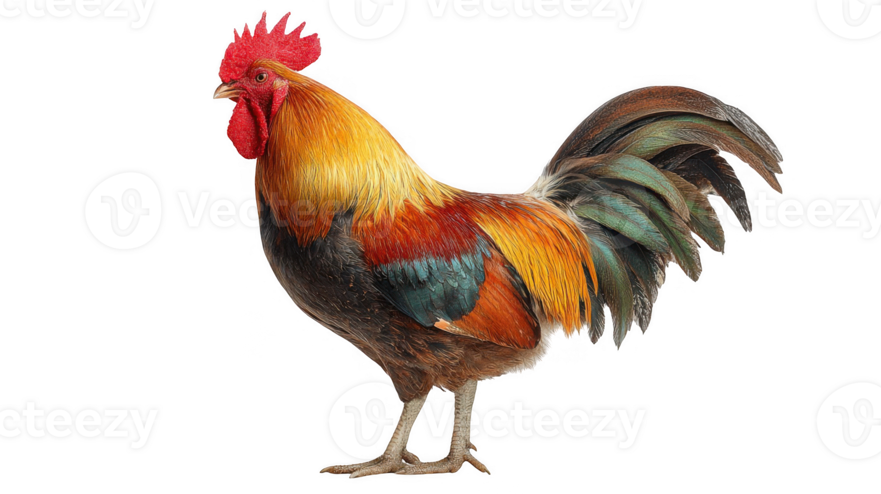 Proud rooster standing with colorful plumage on transparent background png