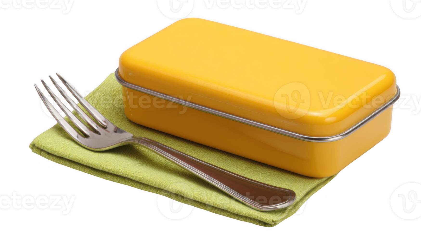 Yellow lunch box with fork resting on green napkin on transparent background png