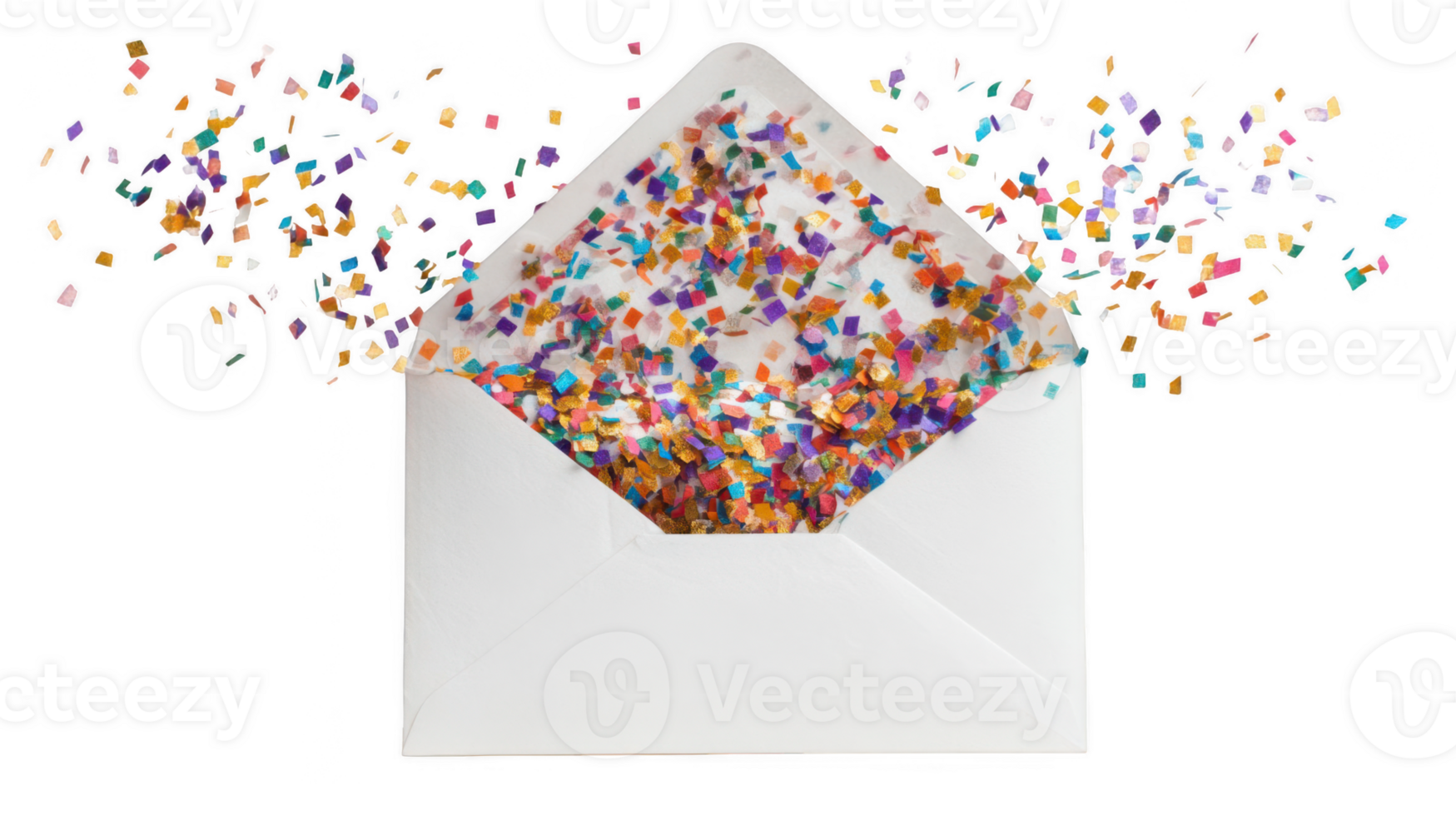 Open envelope exploding with colorful confetti on transparent background png