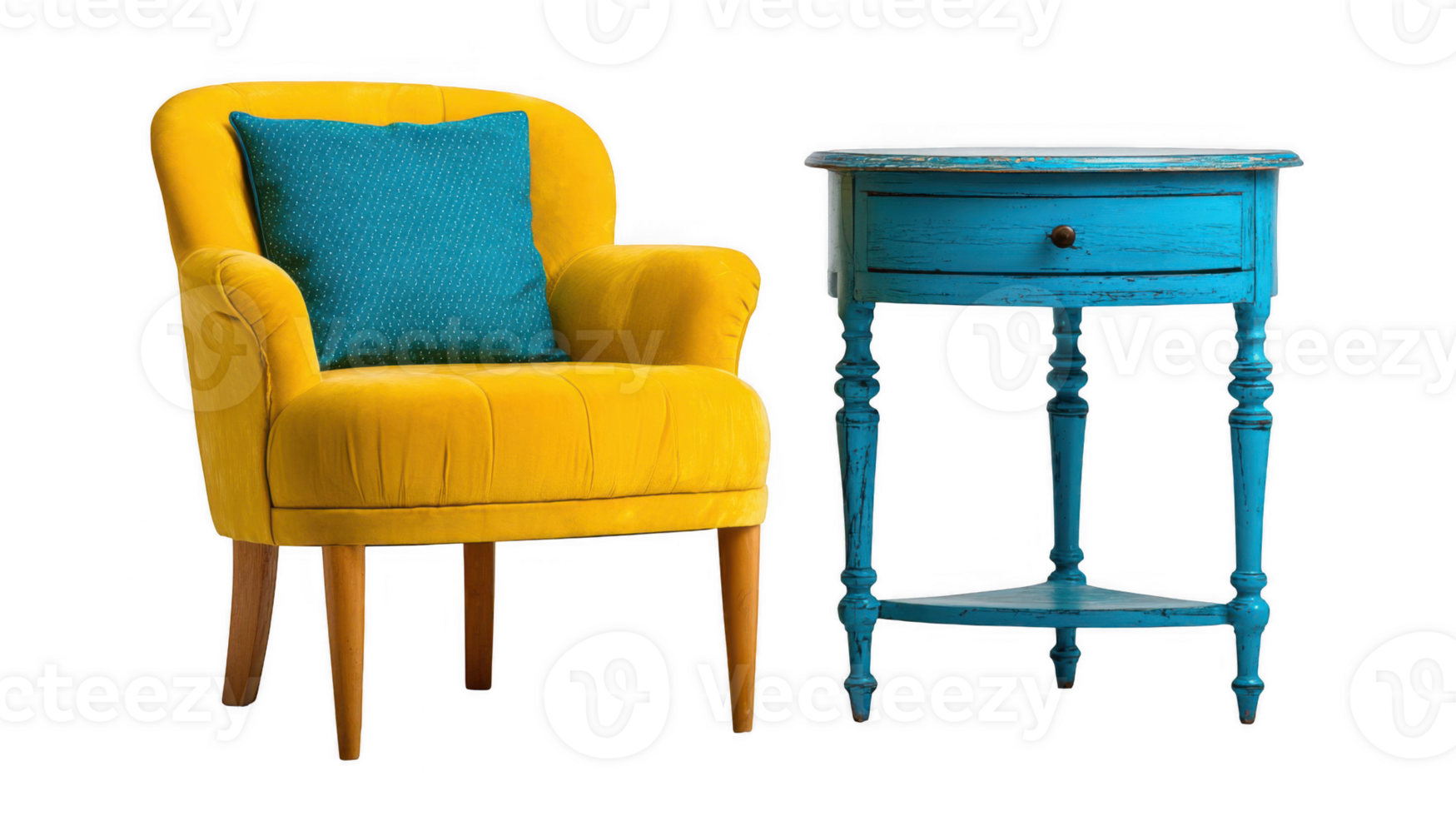 Yellow armchair with teal cushion and blue side table on transparent background png