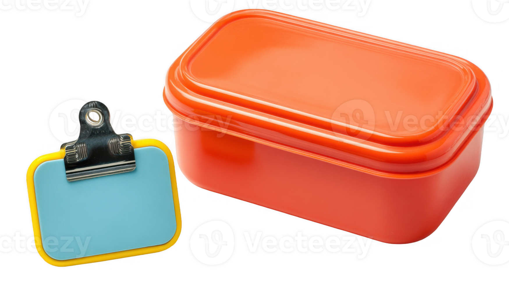 Lunchbox next to a badge with clip on transparent background png