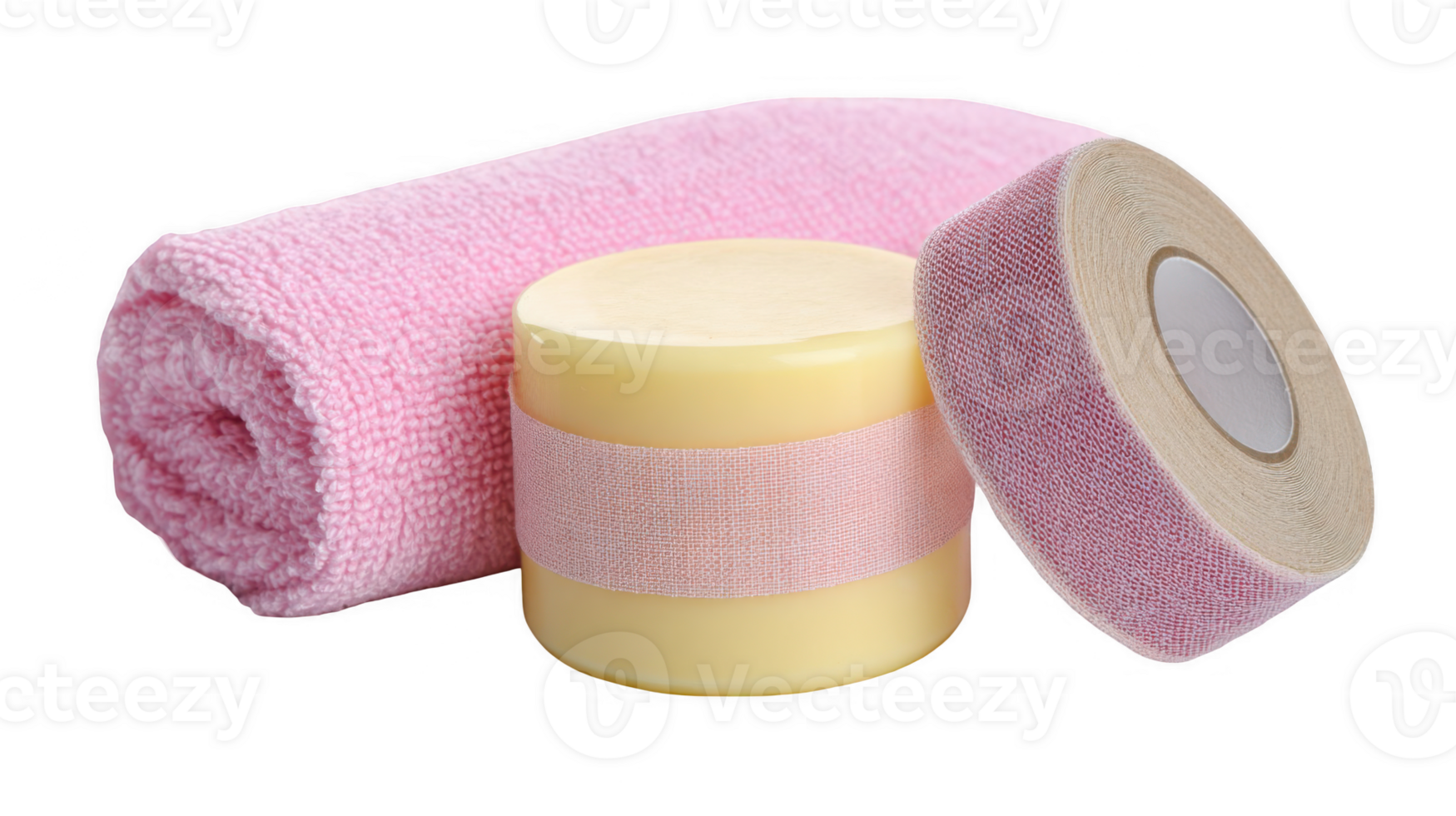 Pink towel, cosmetic cream and breathable dressing tape on transparent background png
