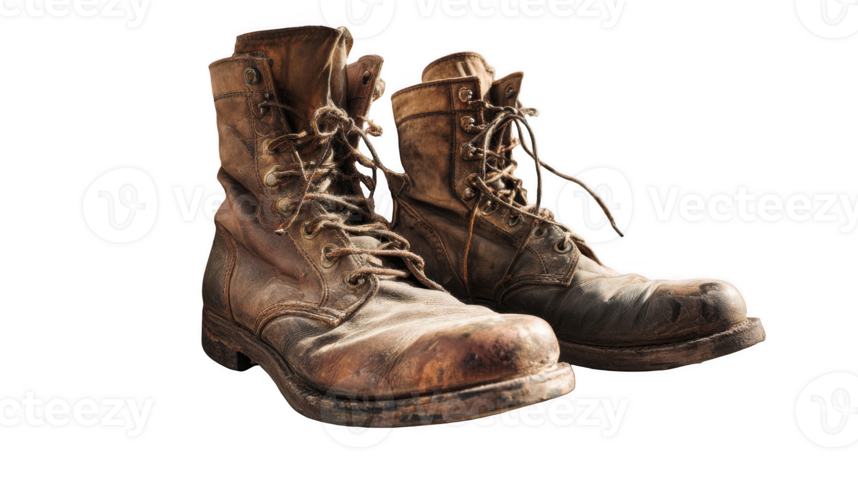Old leather work boots showing signs of wear and tear on transparent background png