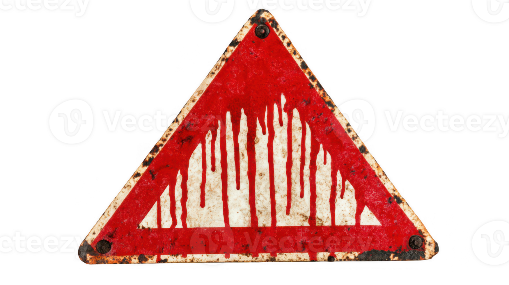 Grungy crumpled rusty road sign streaked with dried red paint on transparent background png