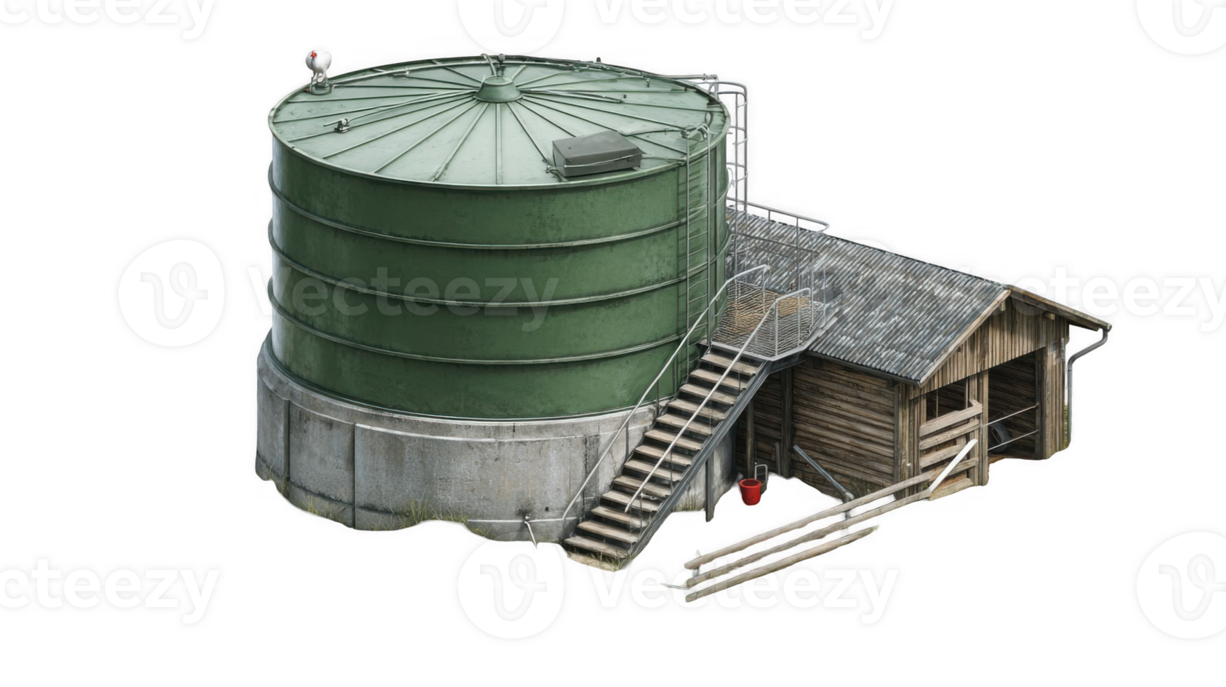 Large round tank positioned near coop entrance with transparent background png