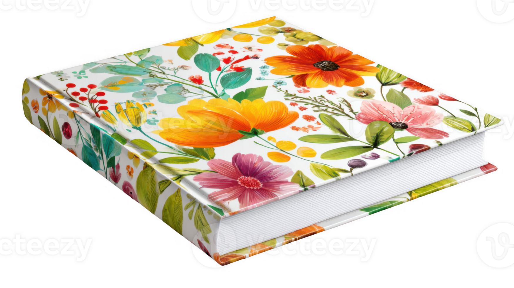 Closed notebook featuring colorful floral design on transparent background png