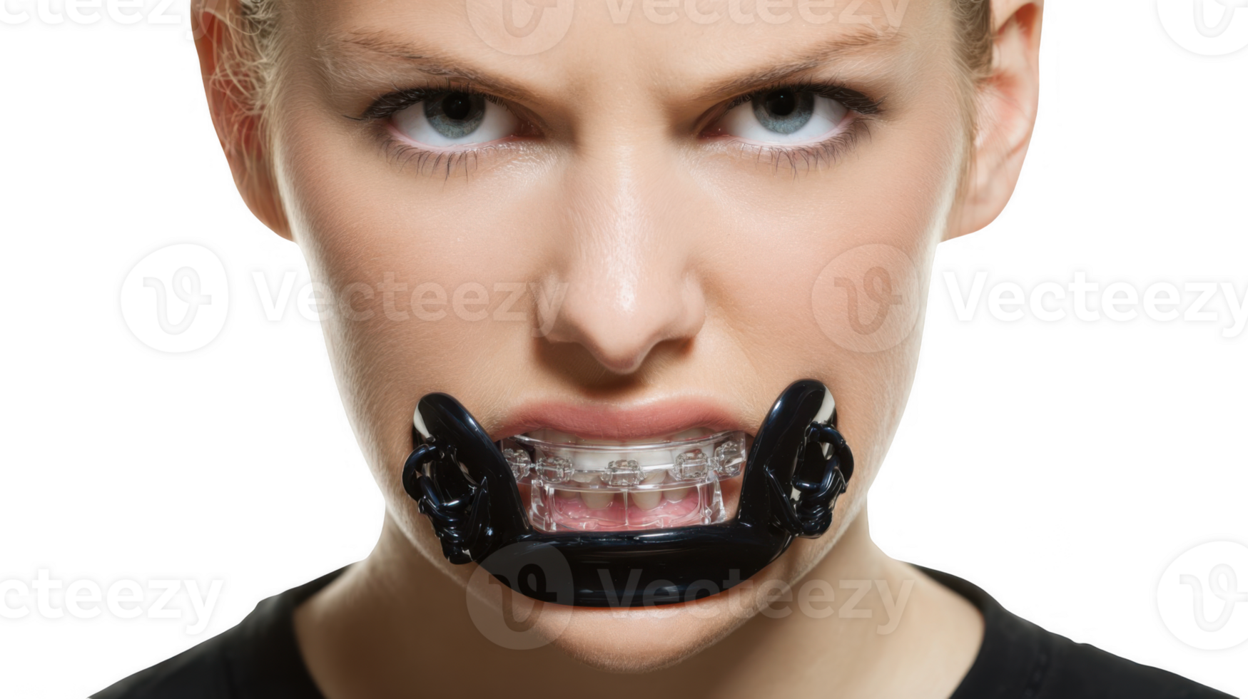Athlete biting mouth guard with intense gaze on transparent background png