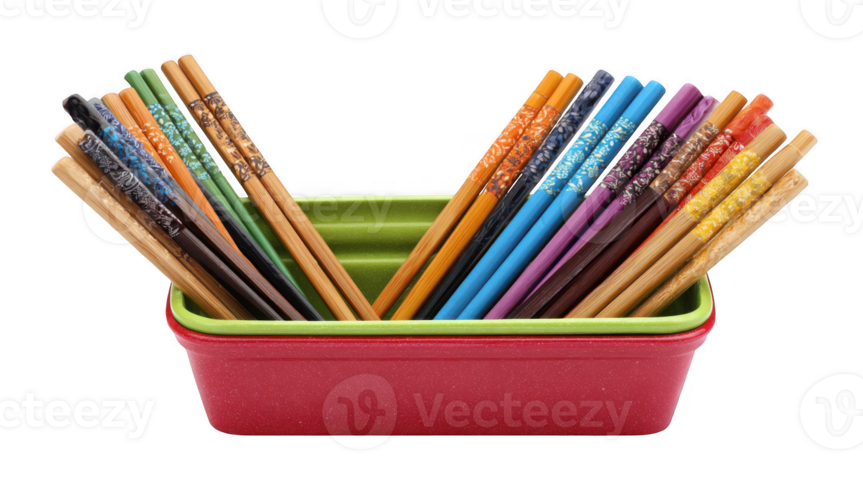 Colorful chopsticks resting in a vibrant container on transparent background png