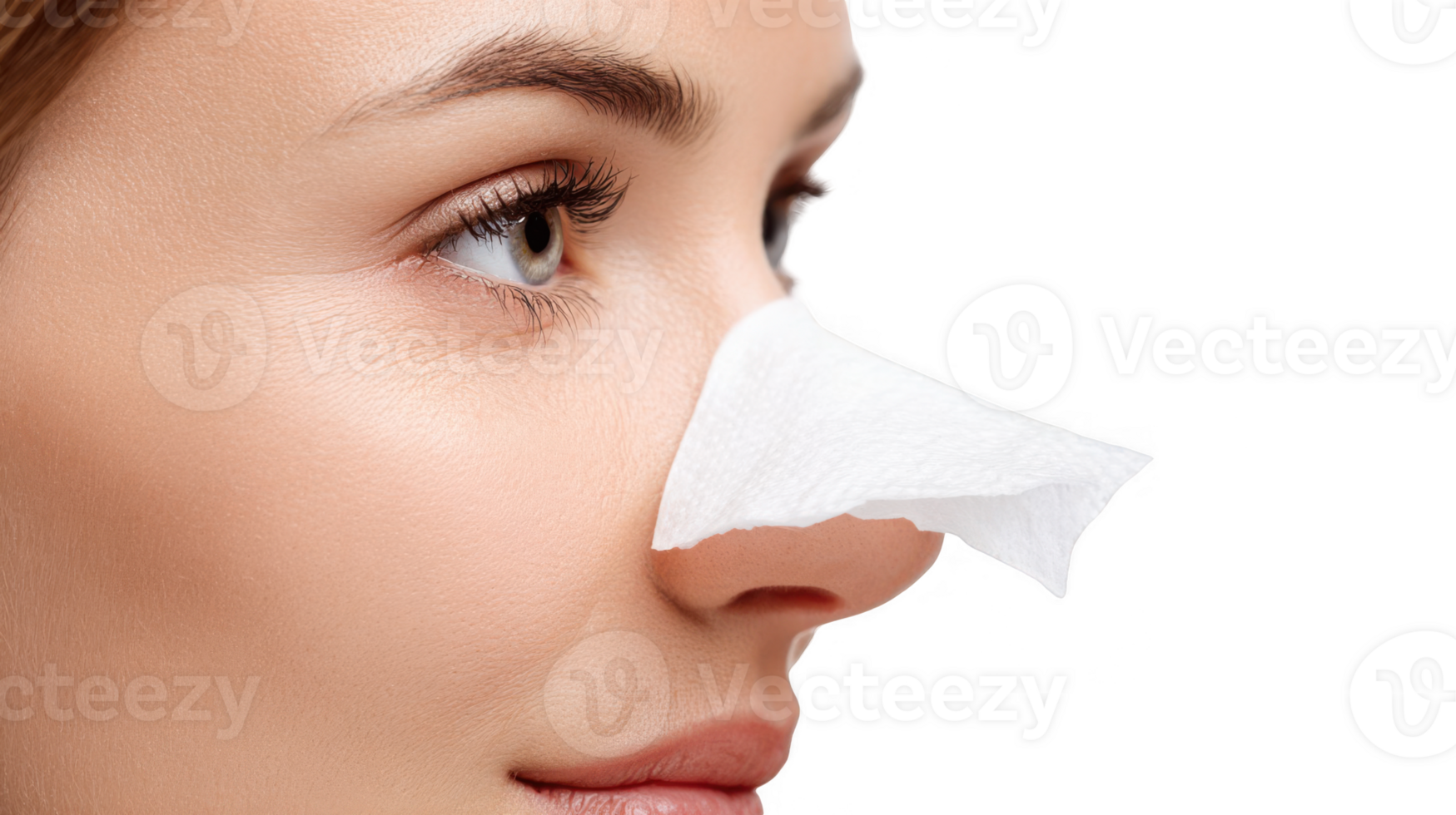 Woman applying nose pore strip for blackhead removal with transparent background png