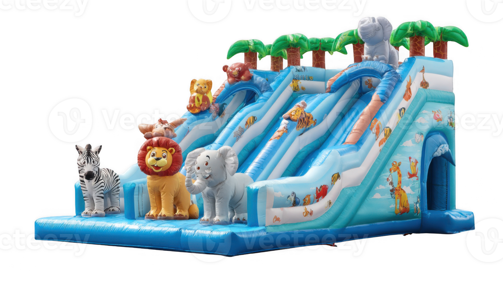 Inflatable water slide featuring playful animals on transparent background png