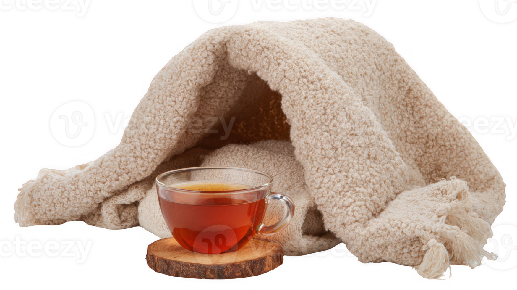Cozy tea time, warm beverage under plush blanket on transparent background png