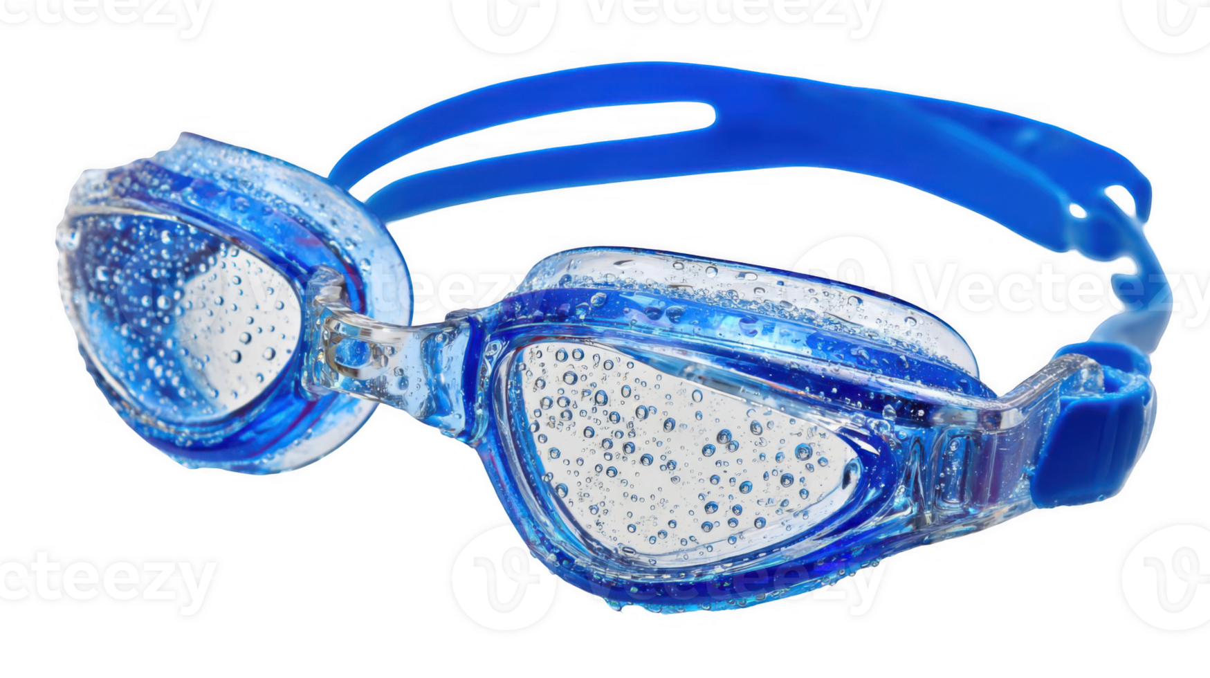 Blue swimming goggles covered in water droplets on transparent background png