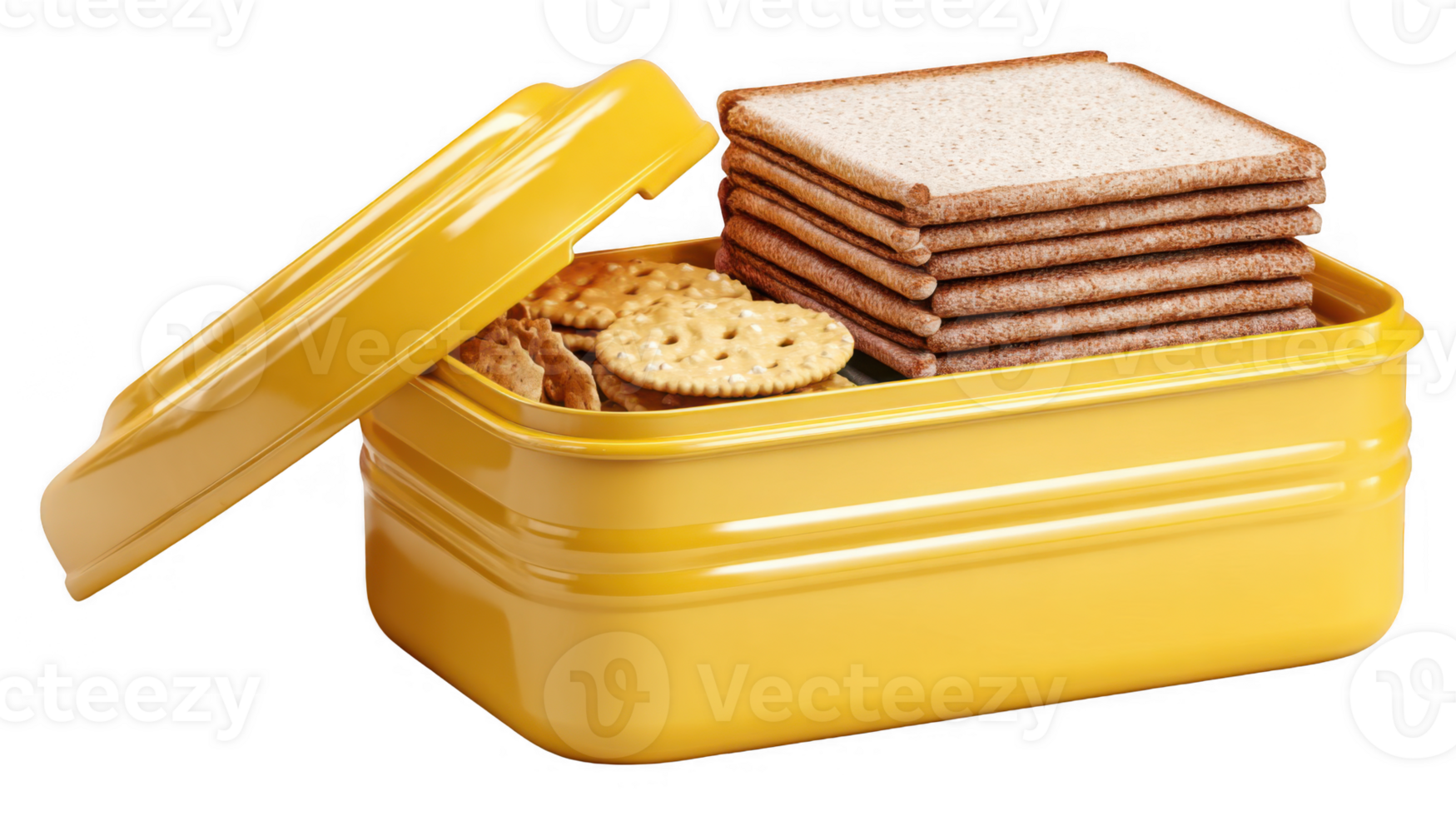 Yellow lunch box filled with crackers and sliced bread on transparent background png