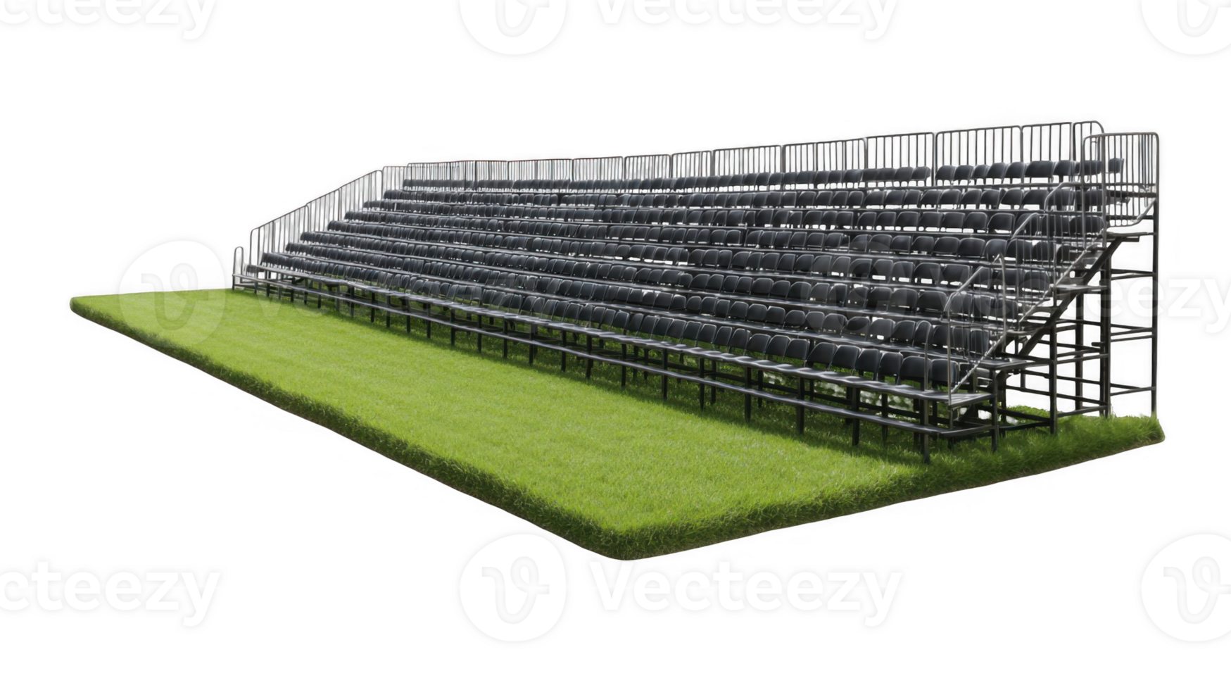 Empty stadium bleachers overlooking green grass field with transparent background png