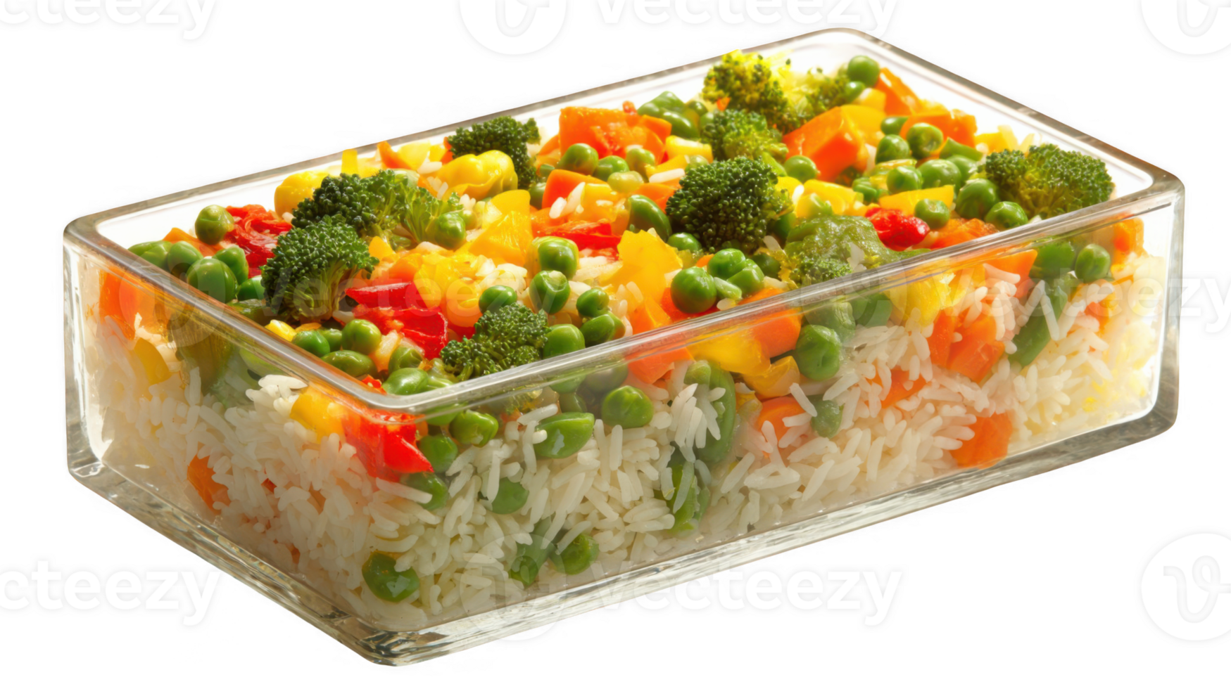 Glass container brimming with rice and vegetables on transparent background png