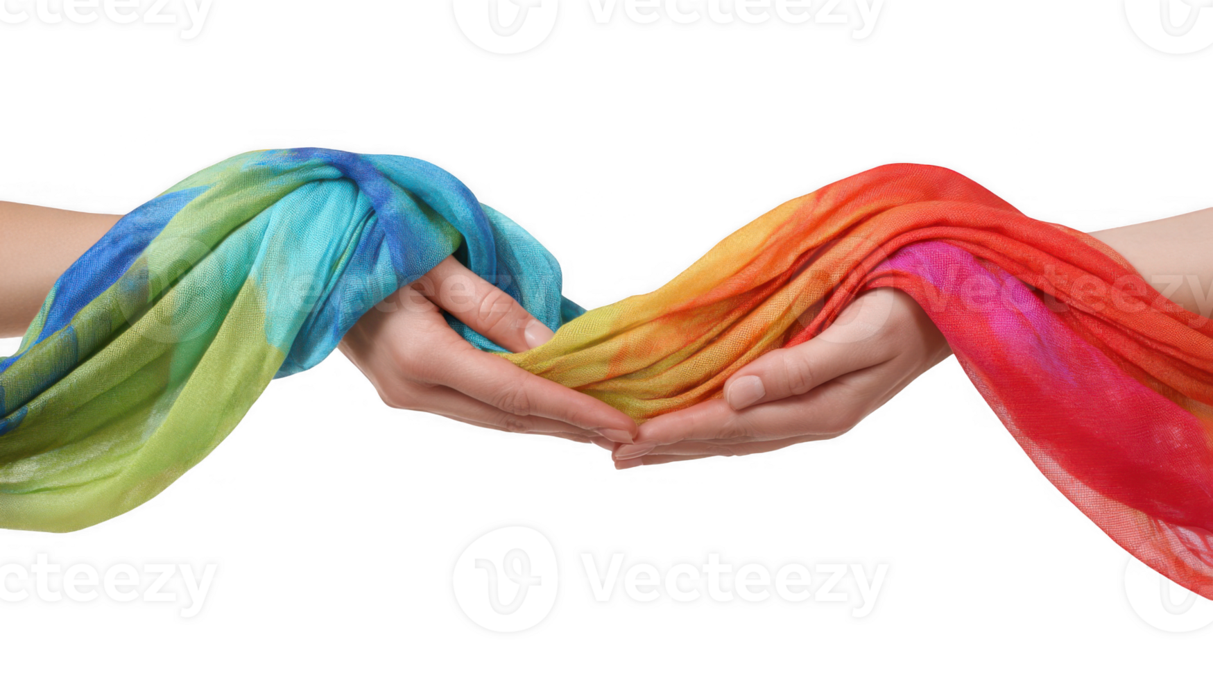 Two hands gently holding vibrant rainbow scarf on transparent background png
